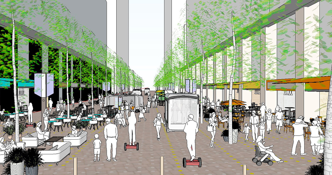 Redesigned image of walkable street space (under normal conditions)